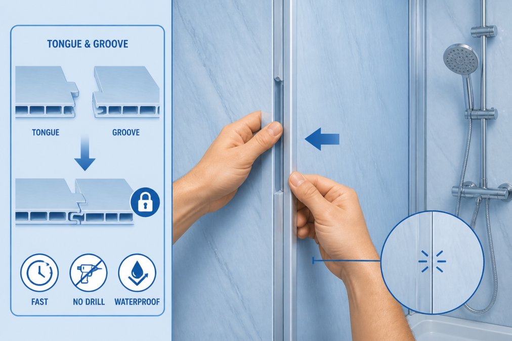 Close-up of hands fitting together two PVC wall panels using tongue and groove connection in a modern bathroom shower enclosure, showing the seamless joint being locked into place