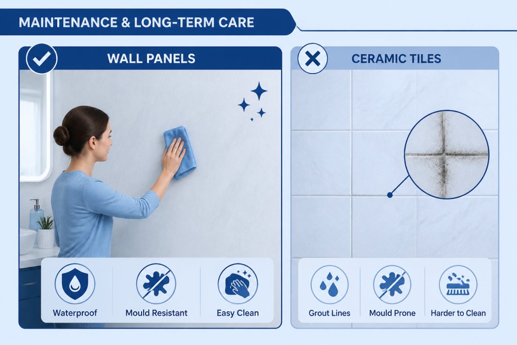 Person wiping down a clean bathroom wall panel with a soft microfibre cloth, showing the smooth, grout-free surface without any visible mould or discoloration in a well-lit bathroom