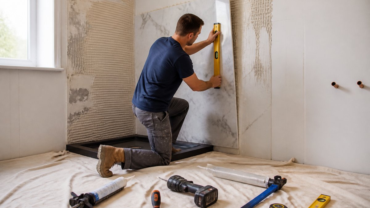 A homeowner in casual clothes fitting a large marble-effect bathroom wall panel against a shower wall, using a spirit level and adhesive, with common DIY tools laid out on a dust sheet nearby in a bright bathroom mid-renovation