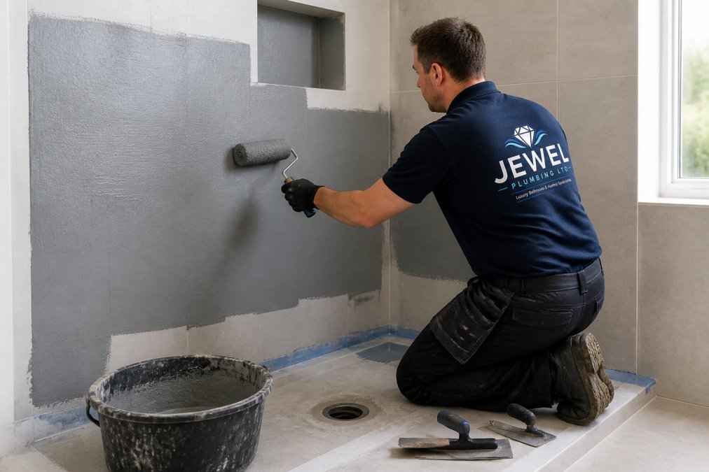 A professional plumber applying grey waterproof tanking membrane to a bathroom wall with a roller, fresh coating visible on a prepared substrate, tiling tools resting nearby in natural light