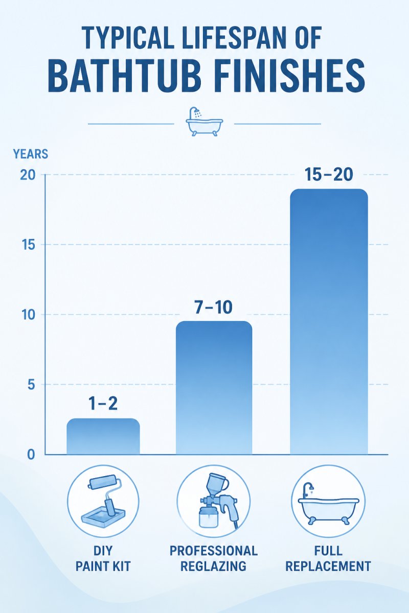 Bar chart comparing typical lifespan of bathtub finishes: DIY paint kit 1-2 years, professional reglazing 7-10 years, full replacement 15-20 years