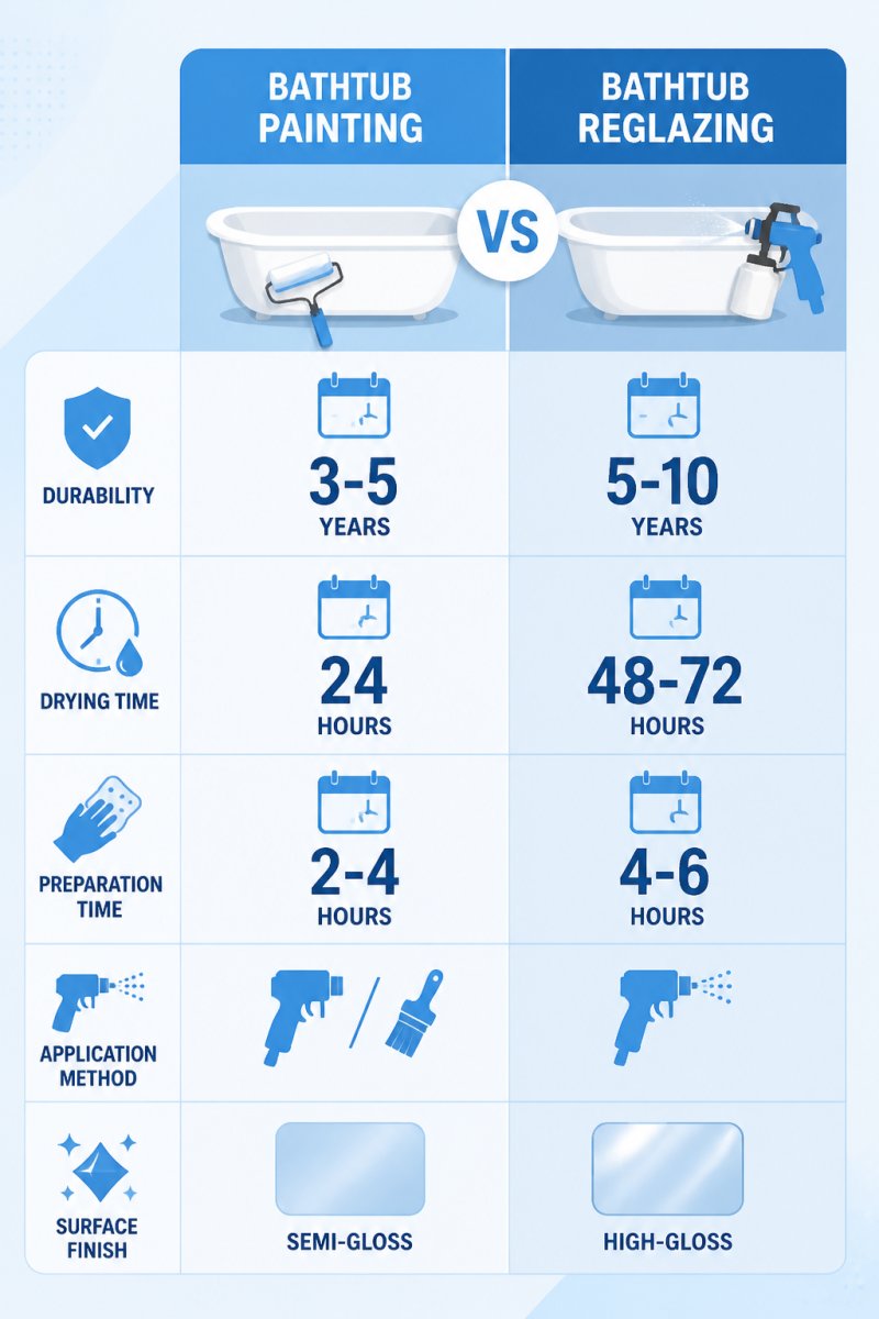 Comparison matrix showing bathtub painting vs reglazing across durability (3-5 years vs 5-10 years), drying time (24 hours vs 48-72 hours), preparation time (2-4 hours vs 4-6 hours), application method (spray/brush vs spray), and surface finish (semi-gloss vs high-gloss)