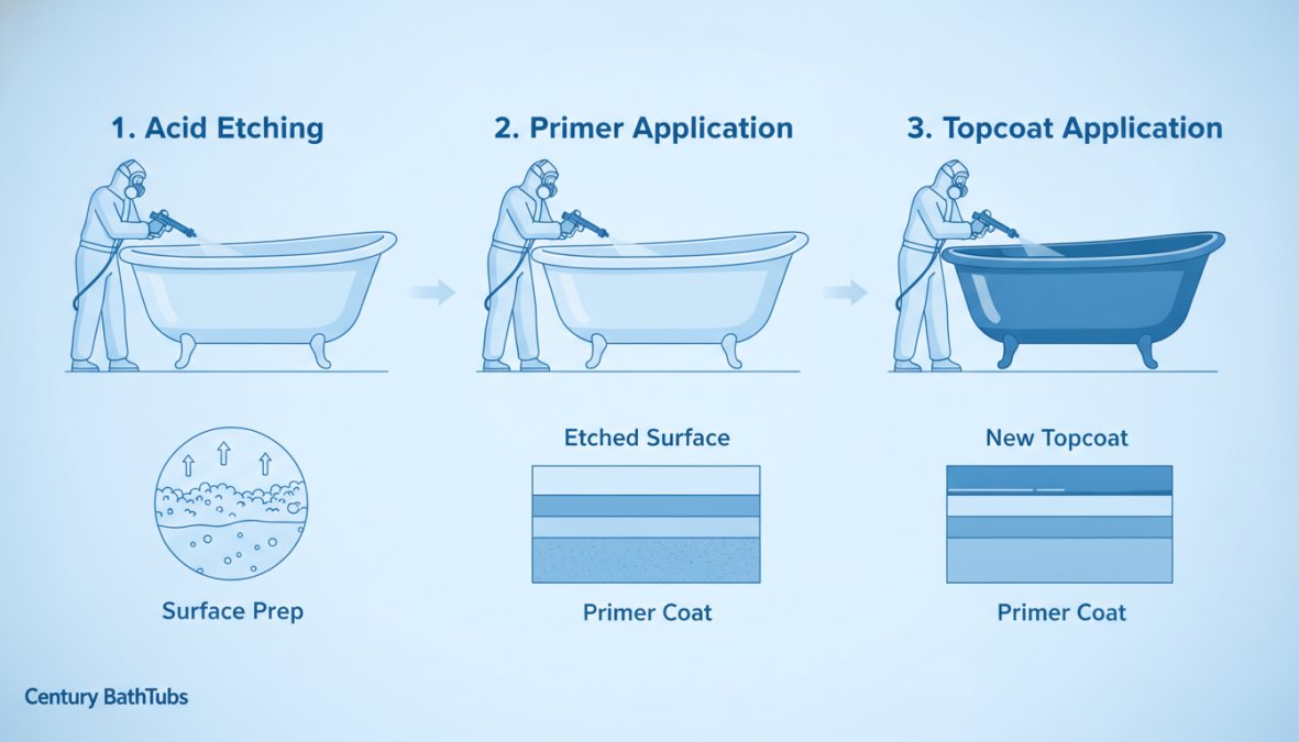 Professional technician wearing safety gear applying acid etching solution to bathtub surface, showing chemical preparation and surface treatment in progress