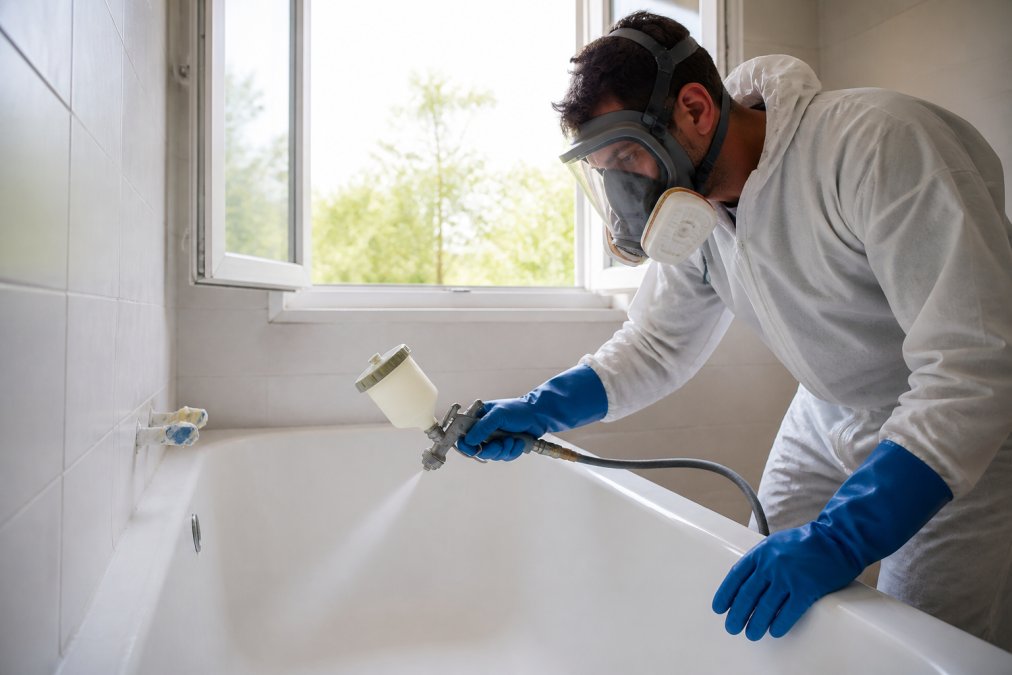 Professional demonstrator wearing full-face respirator with chemical-resistant gloves and protective eyewear during bathtub refinishing application in a well-ventilated bathroom with open windows