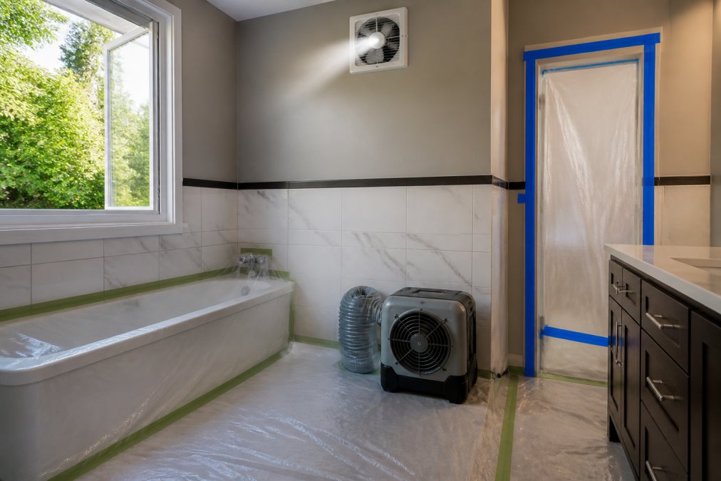 Bathroom with open windows, exhaust fan running visibly, portable ventilation unit positioned near the tub, and sealed doorways with painter's tape during preparation for refinishing work