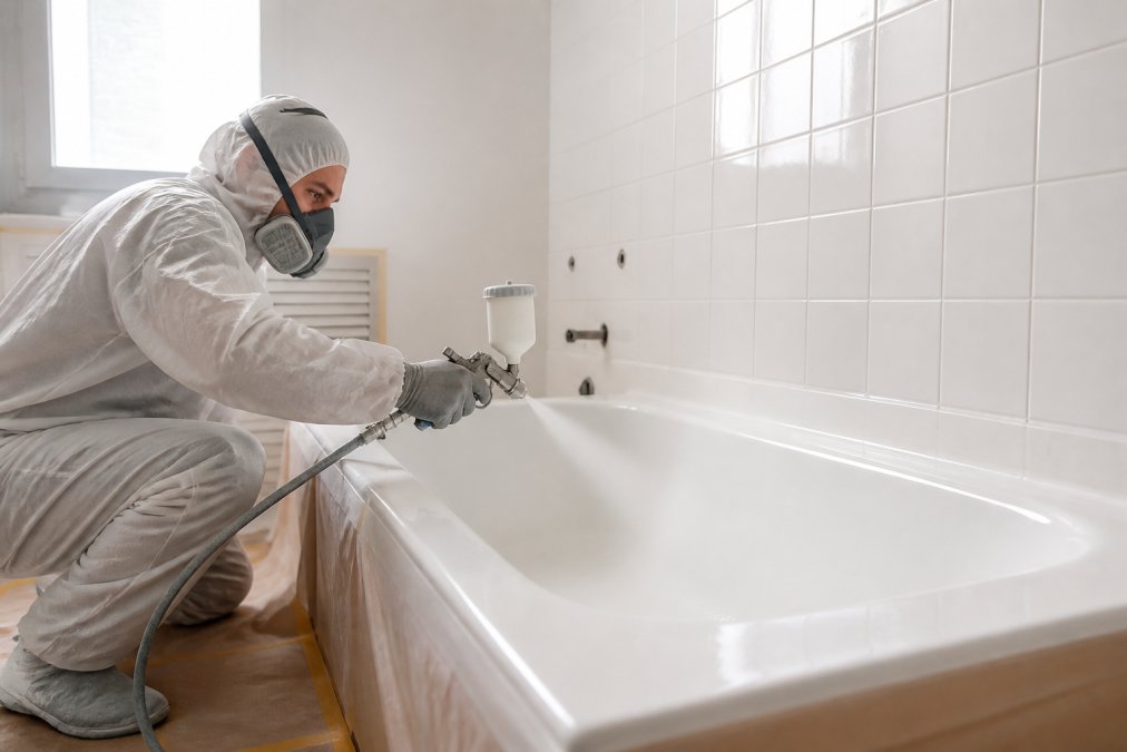 Professional technician in protective gear applying epoxy coating to bathtub surface with spray equipment in well-ventilated bathroom with bright lighting