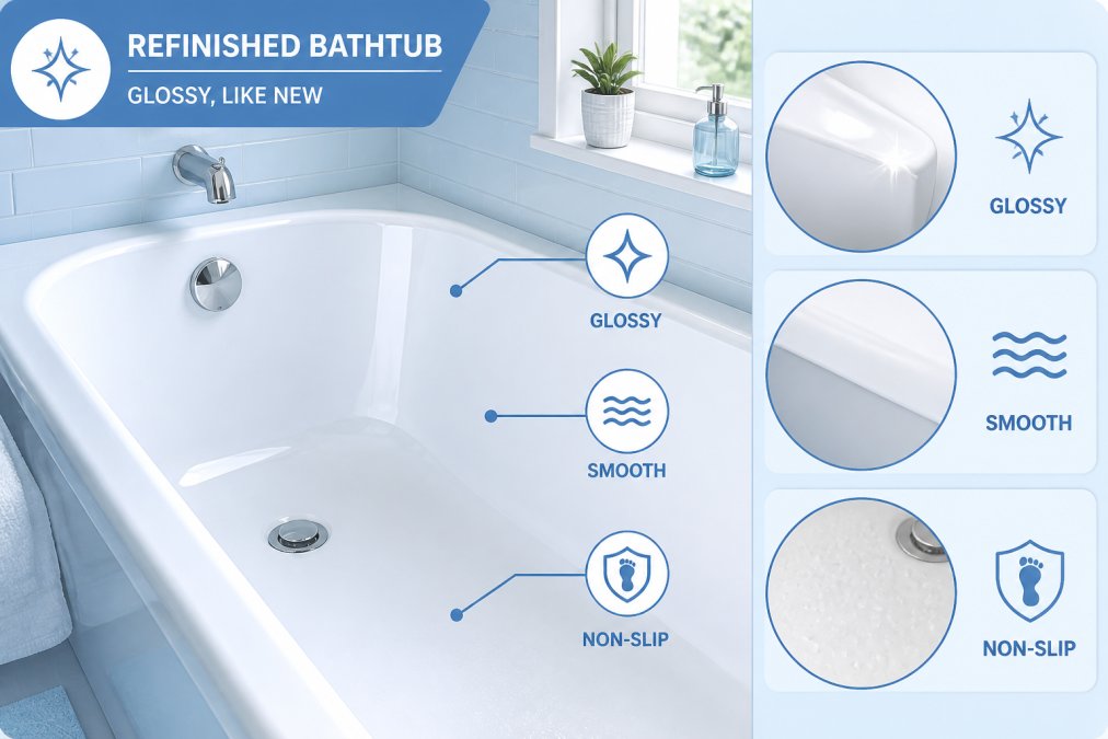 Close-up of refinished bathtub with glossy factory-new finish showing smooth surface and non-slip texture under natural bathroom lighting