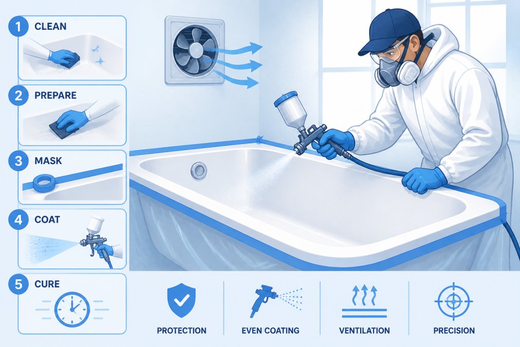 Professional technician applying industrial-grade coating to bathtub surface with spray equipment in well-ventilated workspace, showing precision application technique