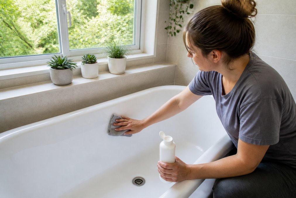 Homeowner gently cleaning refinished bathtub with soft microfiber cloth and mild pH-neutral cleanser in bright, naturally-lit bathroom
