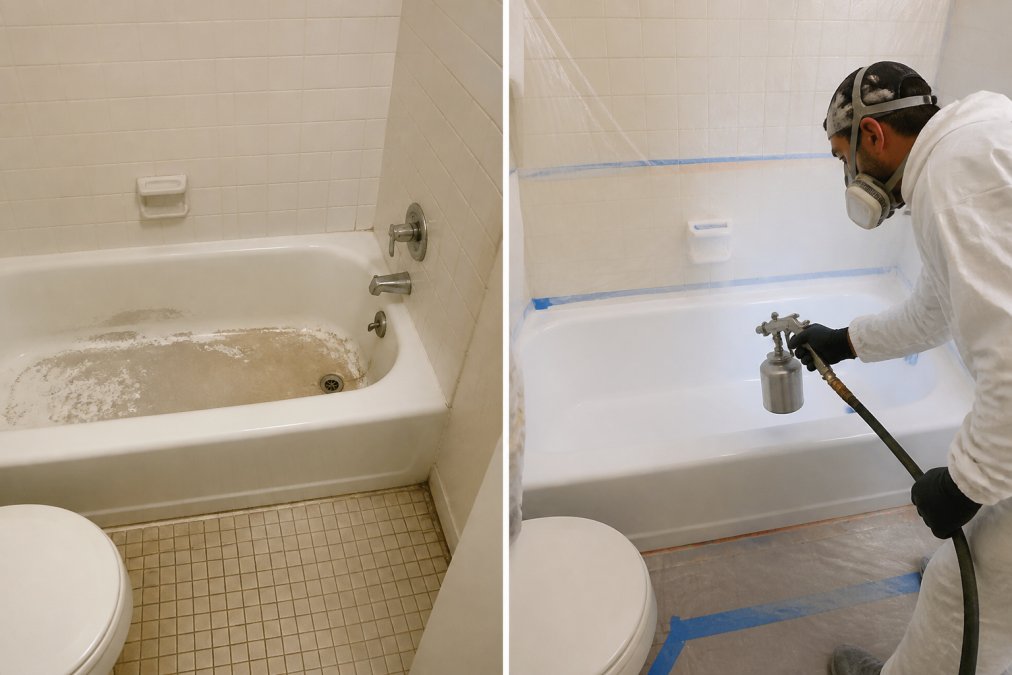 Professional demonstrating bathtub refinishing price estimate technique with spray equipment and protective coverings in well-ventilated bathroom workspace