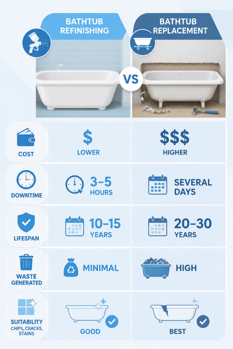 Decision matrix comparing bathtub refinishing vs replacement across cost, downtime of 3-5 hours vs several days, lifespan, waste generated, and suitability for chips, cracks, and stains