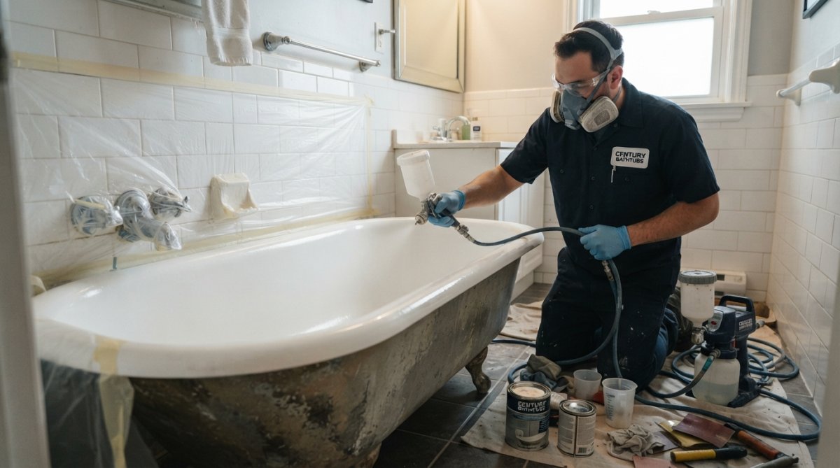 Professional technician in protective gear applying epoxy coating to a bathtub using spray equipment in a well-ventilated bathroom with plastic sheeting protecting surrounding areas