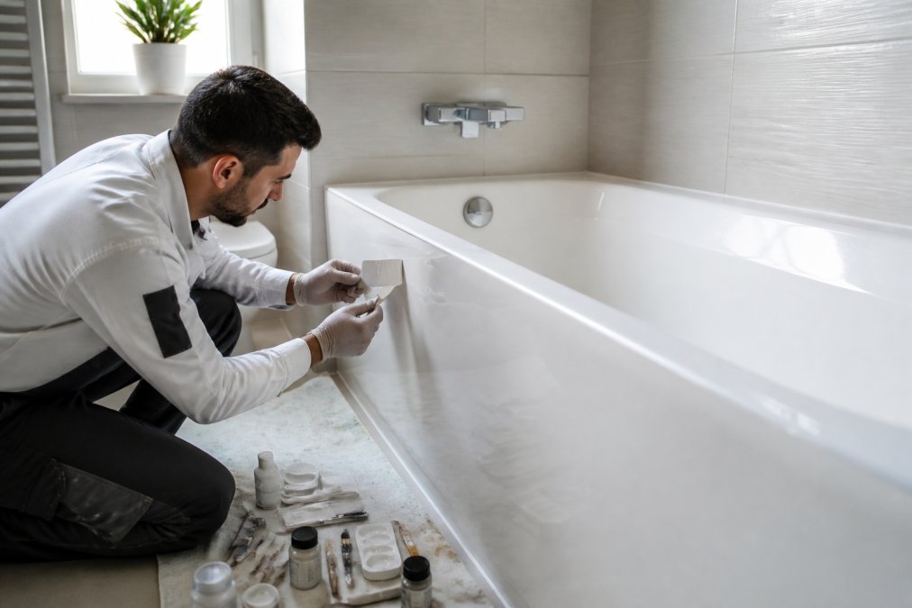 A professional technician in clean workwear carefully colour-matching the surface of a white bathtub in a bright, modern bathroom, with repair tools and compounds laid out on a cloth nearby