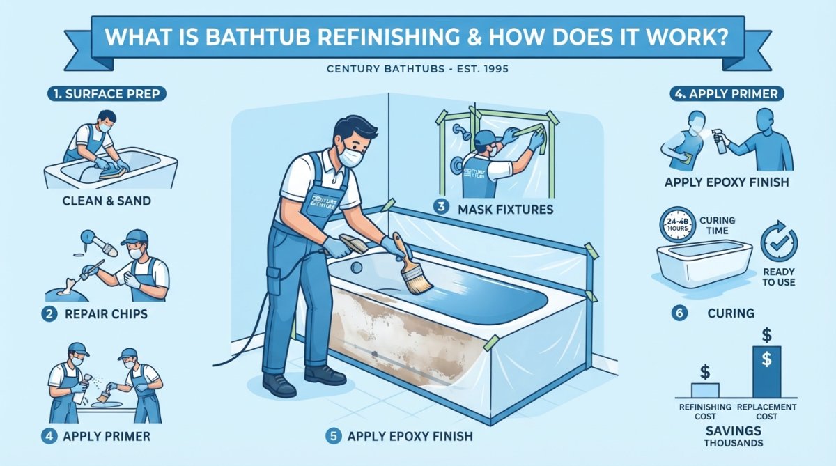 Professional technician applying epoxy coating to bathtub surface with brush, showing proper technique and surface preparation in residential bathroom with natural lighting