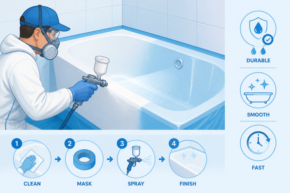Professional technician applying epoxy coating to a bathtub surface using spray equipment, wearing protective respirator and gloves, showing the application technique in progress