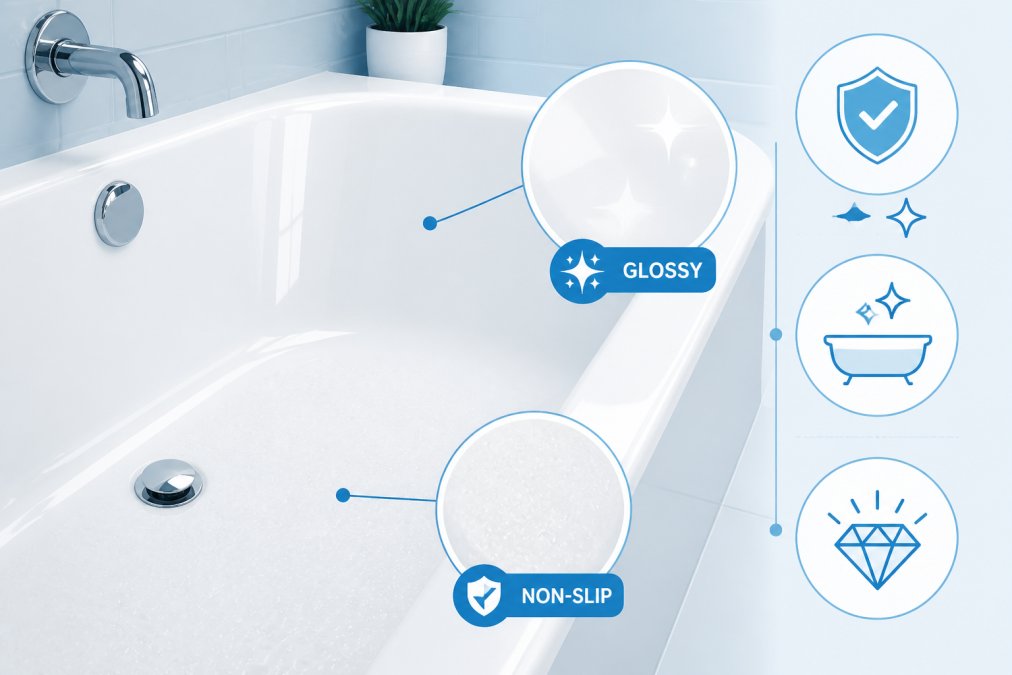 Close-up of a freshly reglazed bathtub with glossy finish and non-slip coating, showing the restored surface quality and shine