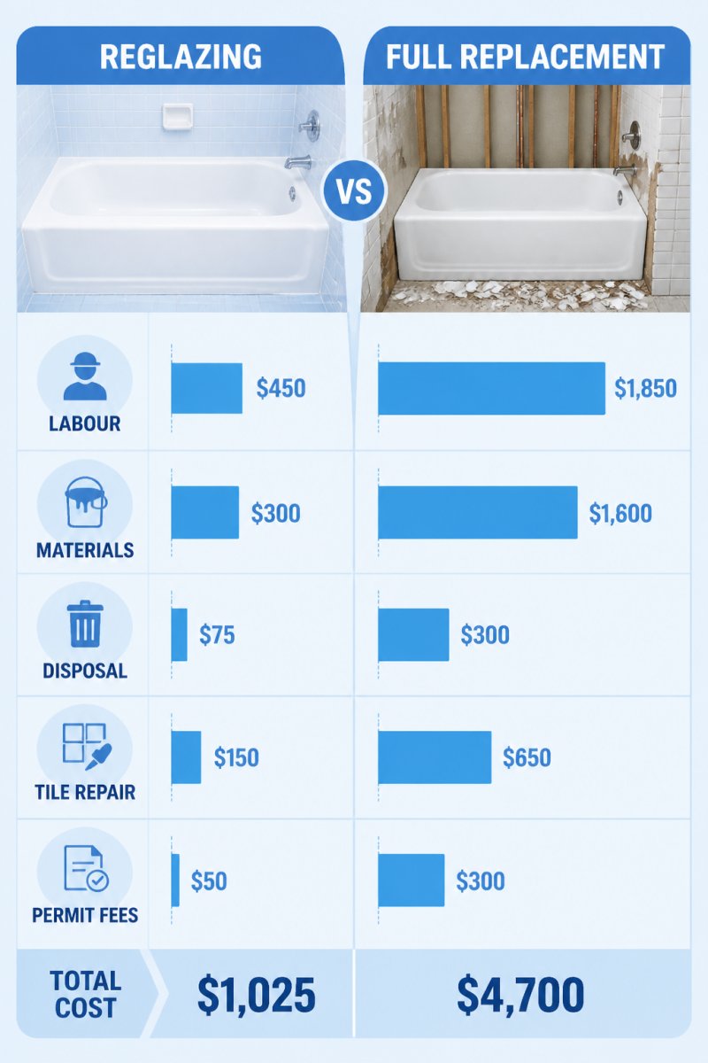 Bar chart comparing total project costs of bathtub reglazing versus full replacement, showing line items for labour, materials, disposal, tile repair, and permit fees