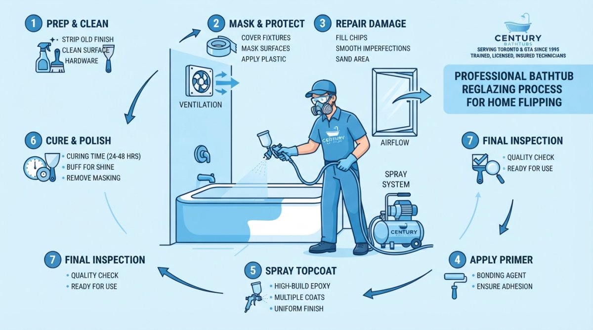 Professional technician wearing protective equipment applying epoxy coating to a bathtub with spray equipment in a well-ventilated bathroom with bright overhead lighting and proper safety setup