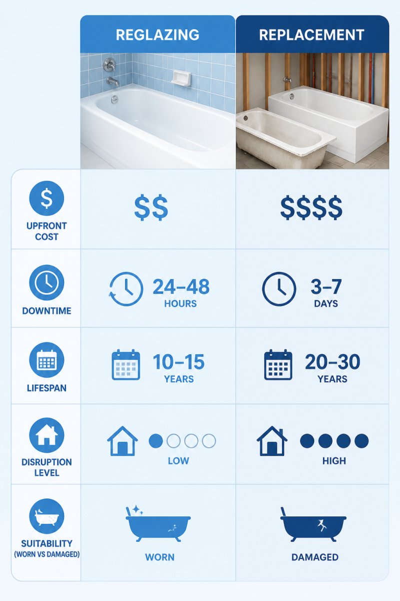 Comparison matrix of reglazing vs replacement across upfront cost, downtime, lifespan, disruption level, and suitability for worn vs damaged tubs
