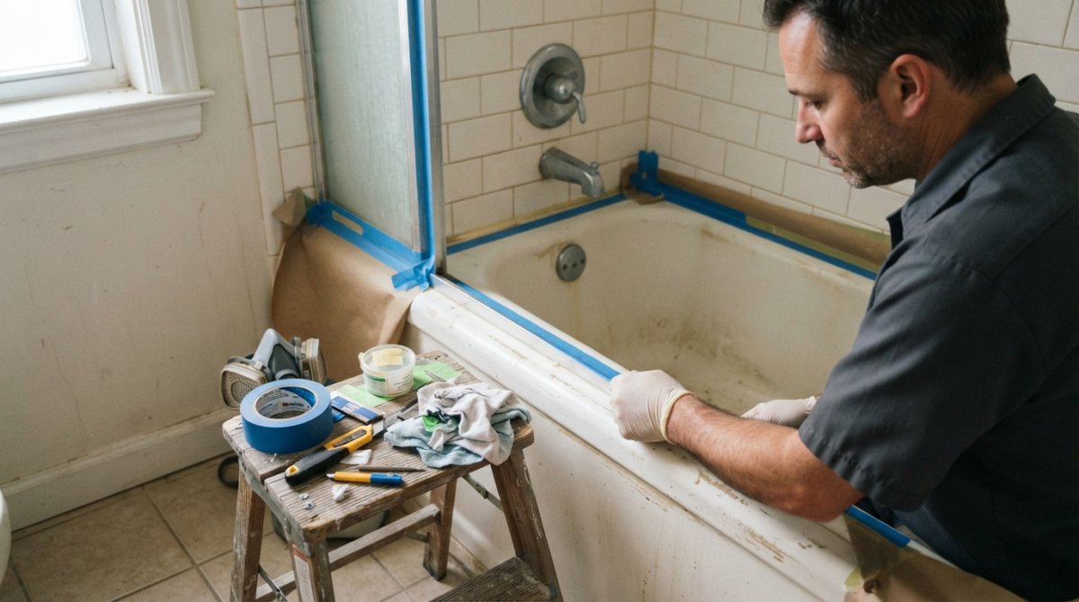 Process diagram showing steps for technician and applying and epoxy concepts for bathtub reglazing for small bathrooms