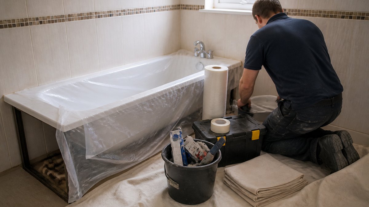 A bathroom with a bathtub partially covered in protective sheeting, tools and materials neatly arranged nearby, and a person in work clothes preparing the area for a bathtub replacement
