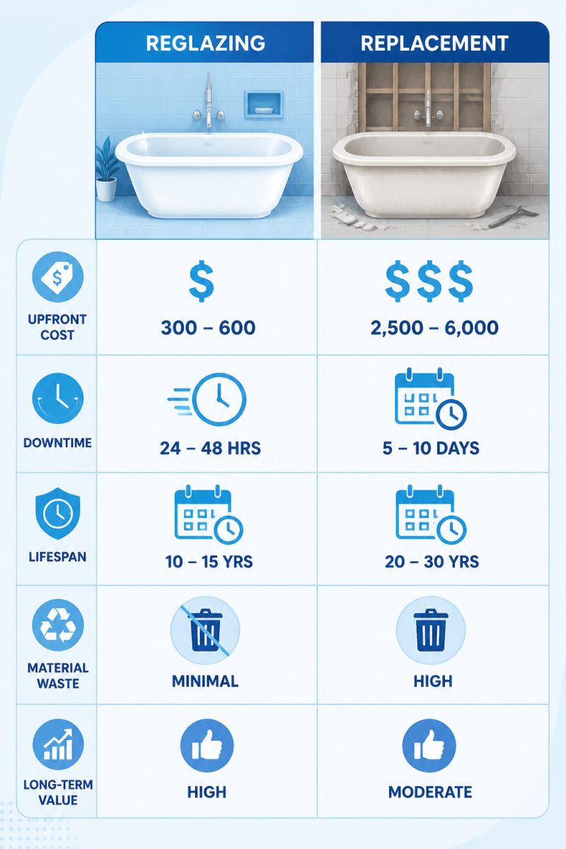 Comparison matrix of bathtub reglazing vs replacement across upfront cost, downtime, lifespan, material waste, and long-term value