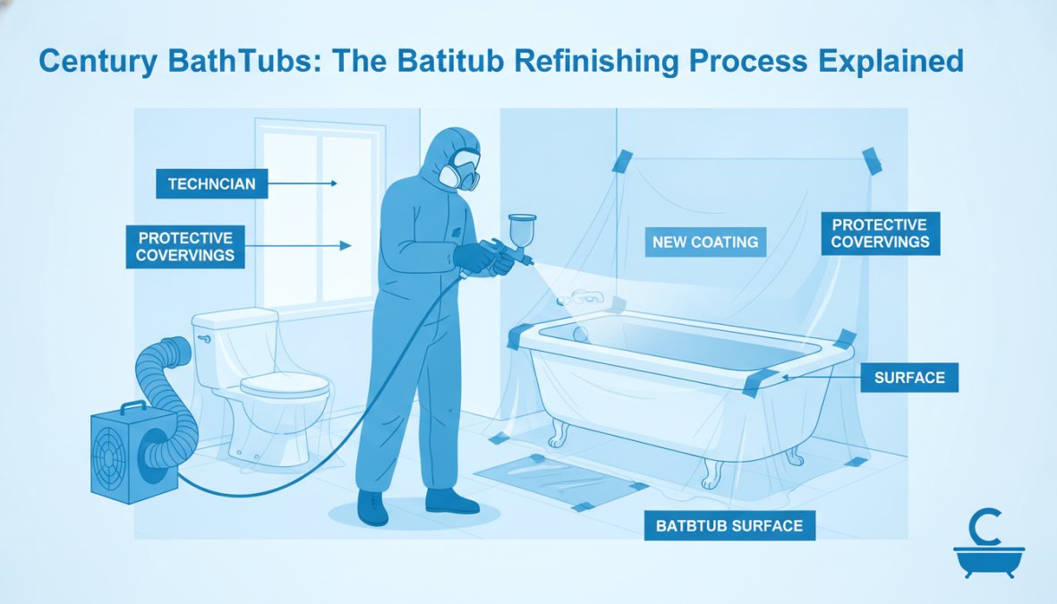 Professional technician applying white coating to a bathtub surface with spray equipment, protective plastic coverings on walls and floor, ventilation system running in background