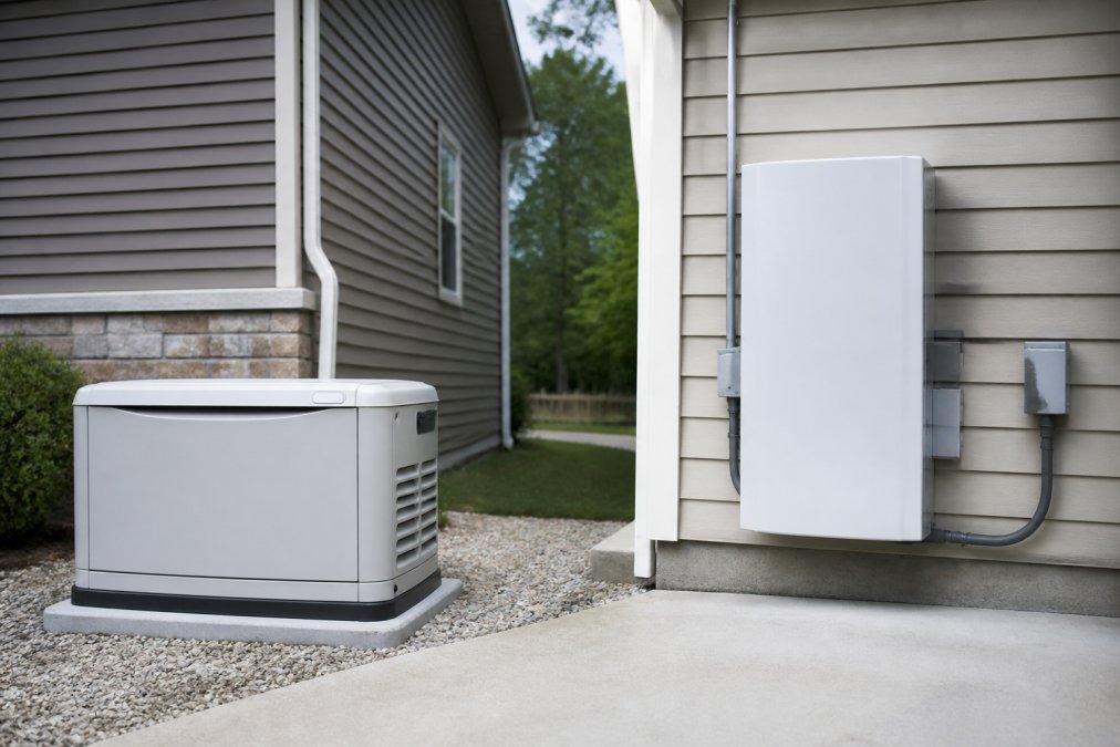Side-by-side outdoor view of a whole-home standby generator mounted on a concrete pad beside a house and a modern home battery storage unit mounted on a garage wall, both in a residential suburban setting