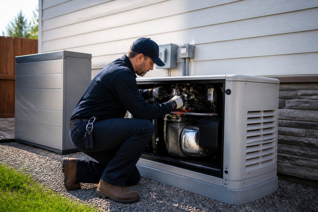 Licensed electrician in work gear performing a maintenance inspection on a standby generator next to a home, checking connections with tools in hand on a sunny day