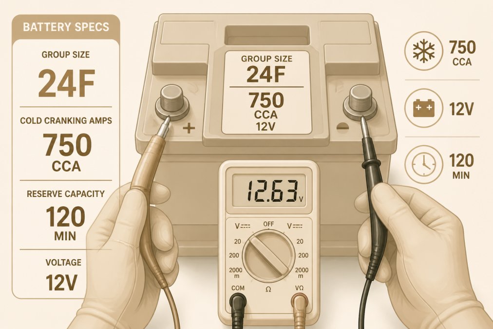 Close-up of a car battery terminal with clear labeling showing group size and CCA specifications, hands holding a multimeter testing voltage on battery posts