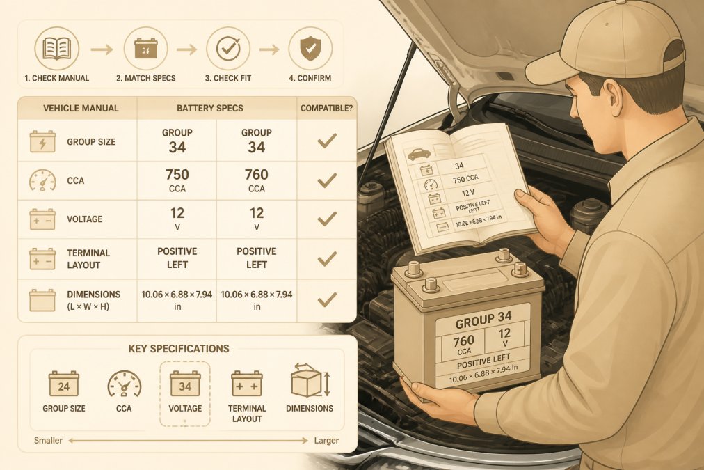 Mechanic or vehicle owner comparing battery specifications against a vehicle manual while checking battery compatibility under the hood of an open car
