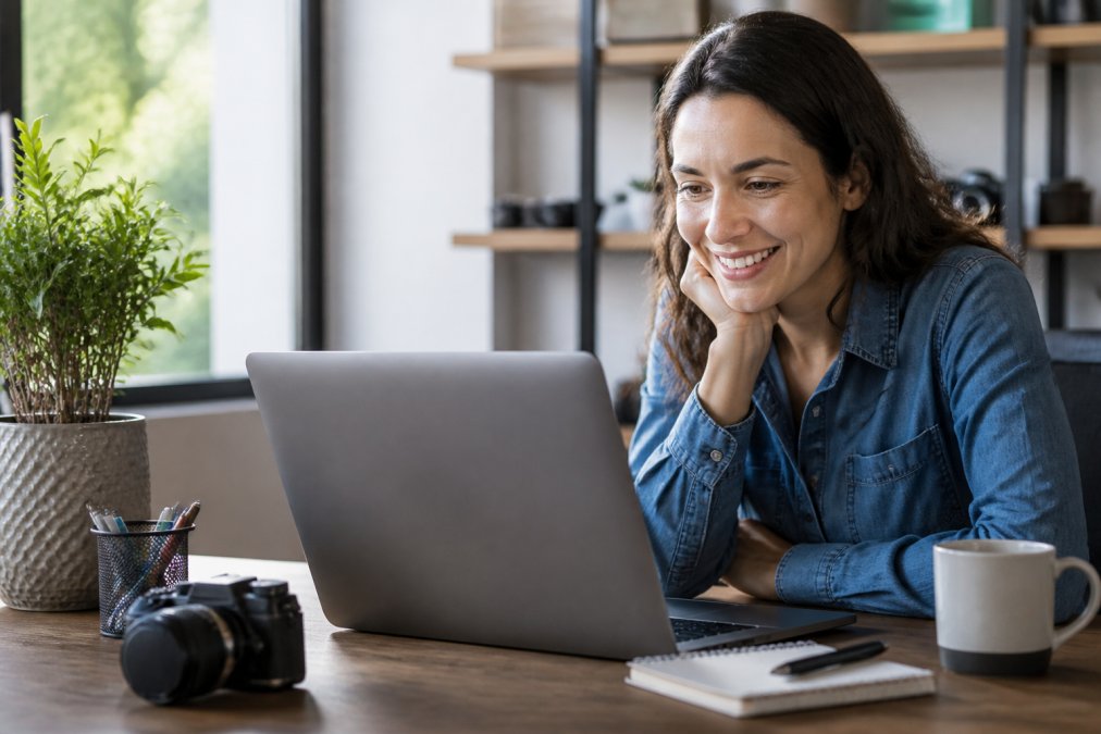 Customer sitting at desk reviewing battery product on laptop screen with satisfaction evident, natural office lighting streaming through window
