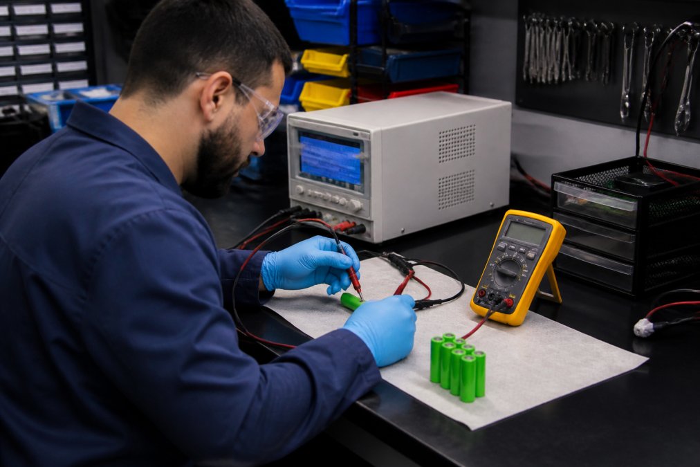 Laboratory technician conducting voltage drop testing on battery cells using digital multimeter and load tester, precision equipment on workbench, data displayed on computer monitor