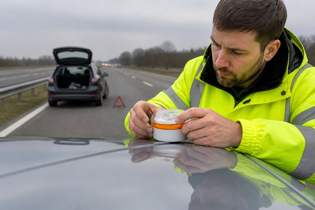 Battery Life of DGT 3.0 Beacons: What Drivers Need to Know Driver checking the DGT 3.0 beacon battery status on a car roof during a roadside emergency stop