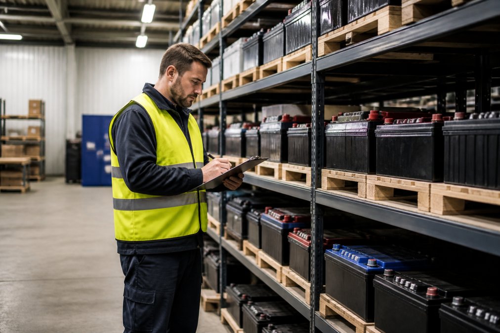 Warehouse manager in safety vest inspecting organized stacks of battery inventory on metal shelves while holding clipboard, fluorescent overhead lighting illuminating neat rows of organized batteries
