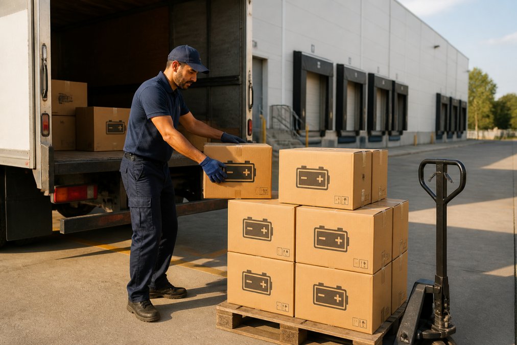 Delivery driver in uniform unloading cardboard boxes of batteries from truck at commercial loading dock, afternoon sunlight casting shadows, warehouse building in background