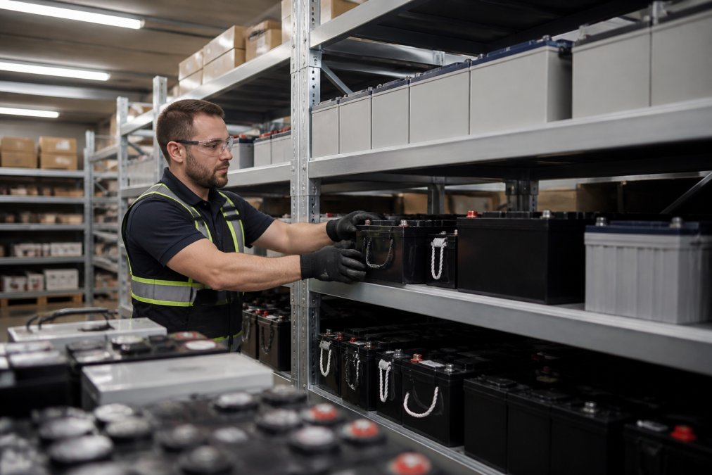 Warehouse worker in battery storage facility organizing sealed lead acid and commercial-grade batteries on metal shelves with inventory labels and barcodes visible under fluorescent lighting