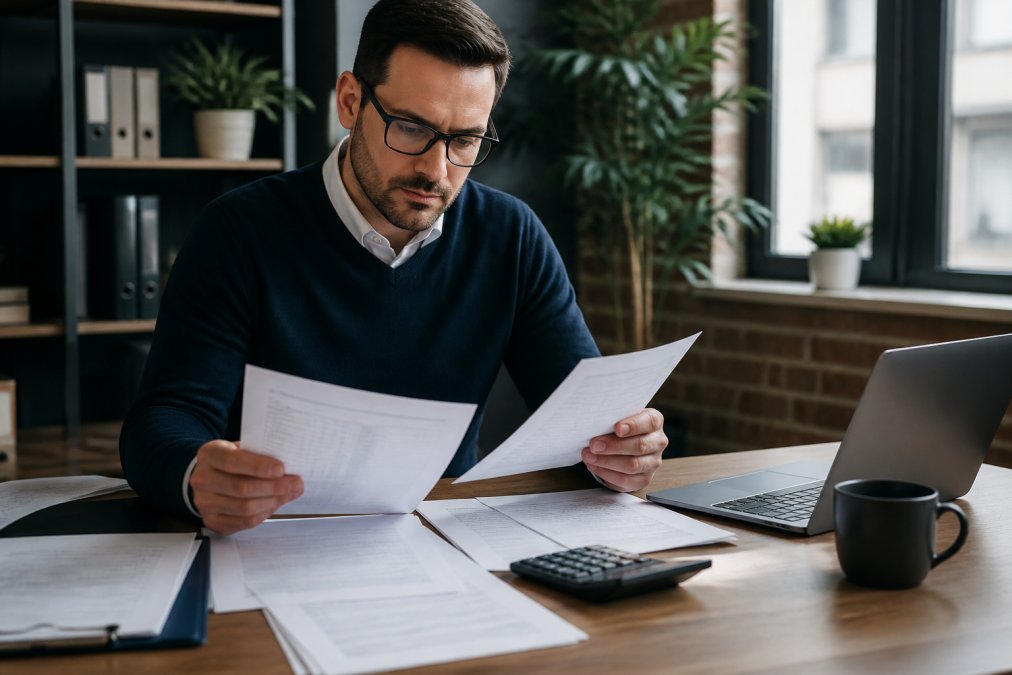 Business manager at desk reviewing supplier contracts and bulk pricing quotes with laptop open, documents and calculator spread out, natural window lighting