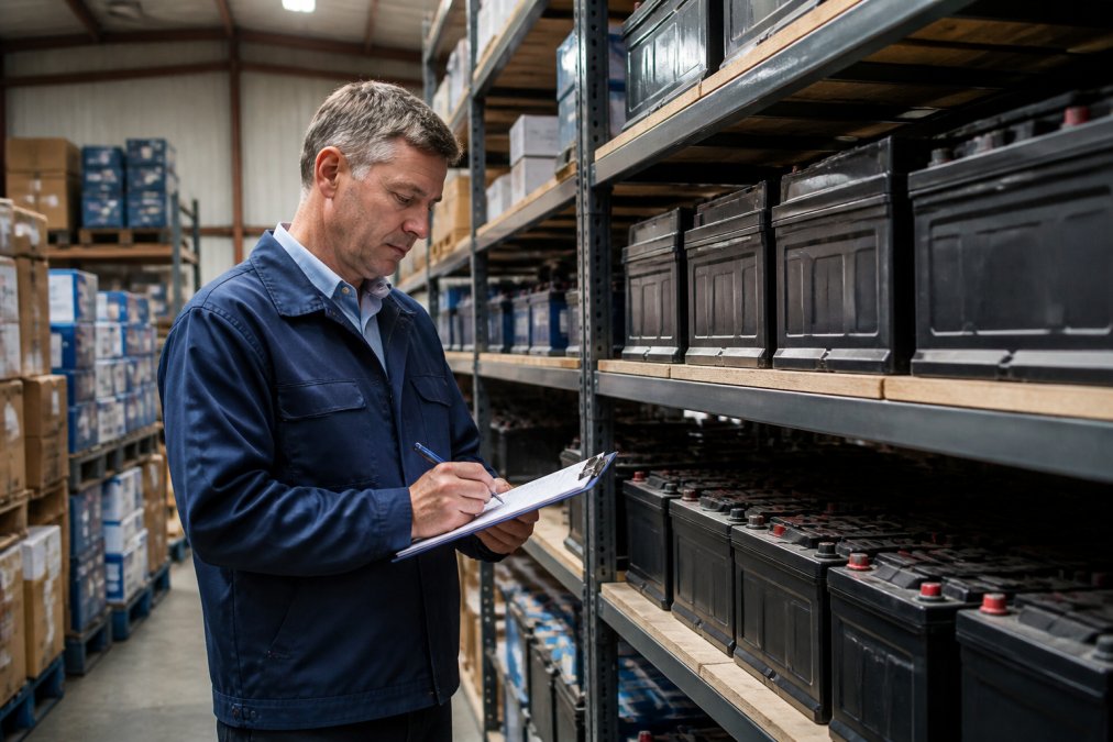 Warehouse manager inspecting stacked battery inventory on shelves with clipboard in hand, reviewing stock levels and product specifications in organized commercial storage facility