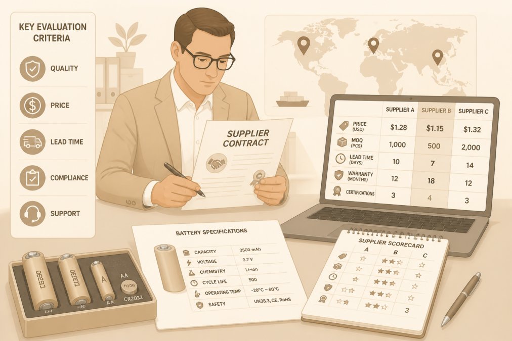 Business professional reviewing supplier contract and specifications at desk with laptop and battery samples, analyzing technical documentation and comparing wholesale pricing terms
