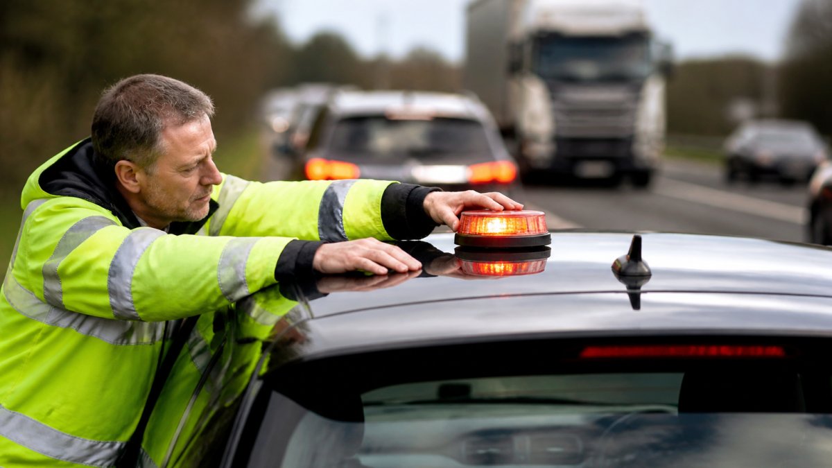 Battery Powered Hazard Lights for Emergency Roadside Repairs Motorist placing a magnetic LED emergency beacon on the roof of a stationary vehicle during daylight, with hazard lights flashing and the beacon's red strobe light active
