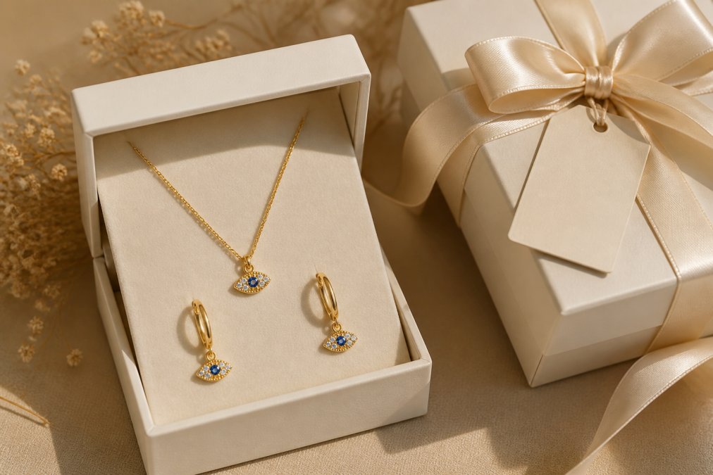 A gift box containing a gold-plated evil eye necklace and matching huggie hoops, with elegant wrapping and a handwritten gift tag, ready for presentation