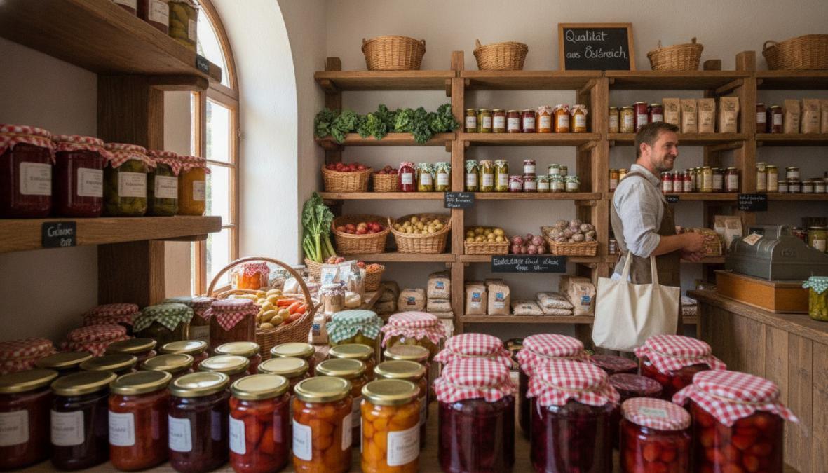 Gemütlicher Hofladen mit rustikalen Holzregalen voller regionaler Produkte wie Marmeladen, Käse, Gemüse und Einmachgläser, warmes Licht durch ein kleines Fenster, handgeschriebene Preisschilder