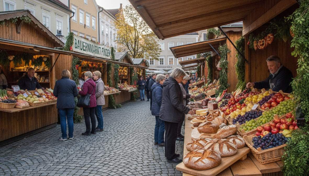 Belebter Bauernmarkt an einem sonnigen Morgen mit frischem Obst und Gemüse, um den perfekten Bauernmarkt in meiner Nähe fi...