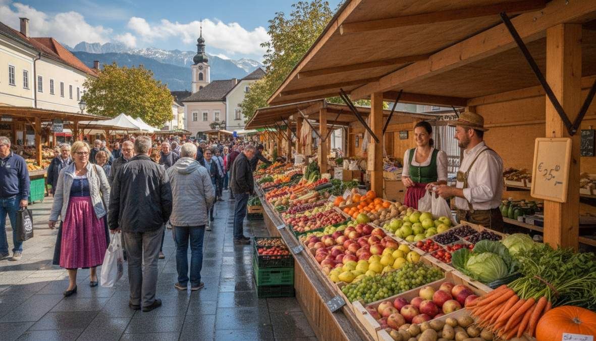 Lebendige Szene auf einem Bauernmarkt in Kärnten mit farbenfrohen Marktständen, frischen Gemüse- und Obstkörben, und Besuchern beim Einkaufen an einem sonnigen Morgen