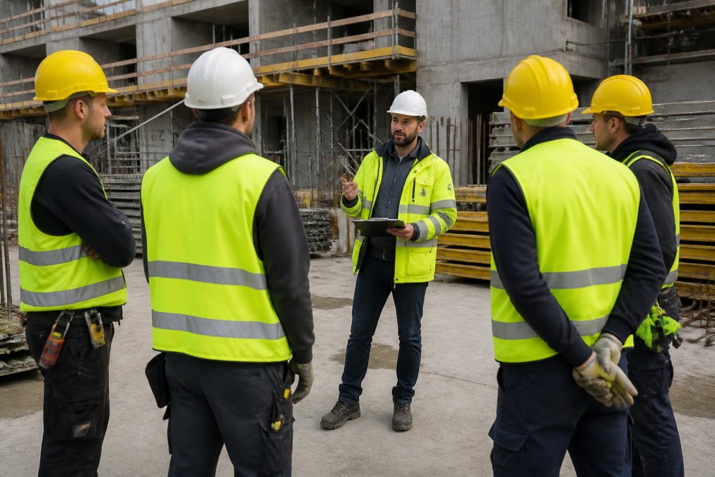 Bauleiter und Mitarbeiter bei einer praktischen Baustellensicherheit Schulung Kosten sparen durch Vor-Ort-Training