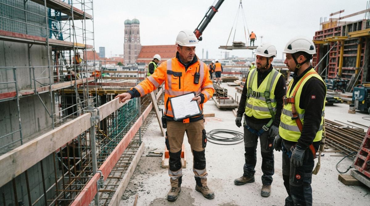 Sicherheitskoordinator dokumentiert gemäß Baustellenverordnung 2026 Arbeitsschutzmaßnahmen auf der Baustelle.