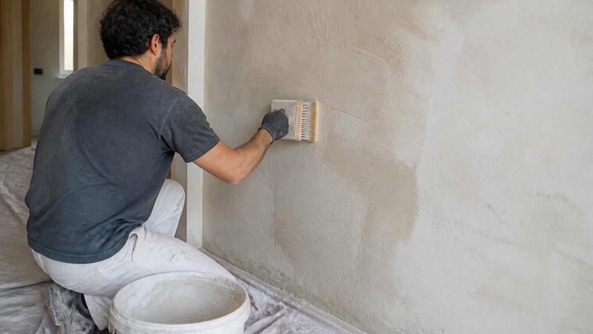 Contractor applying limewash paint to a plaster wall with a wide brush in a renovation setting