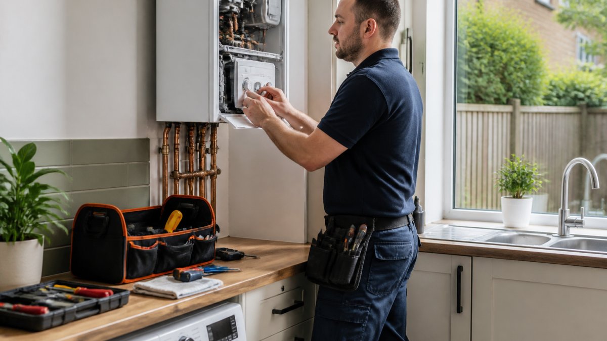 Professional heating engineer in work uniform installing a modern combi boiler in a residential kitchen, with tools and equipment visible on the work surface