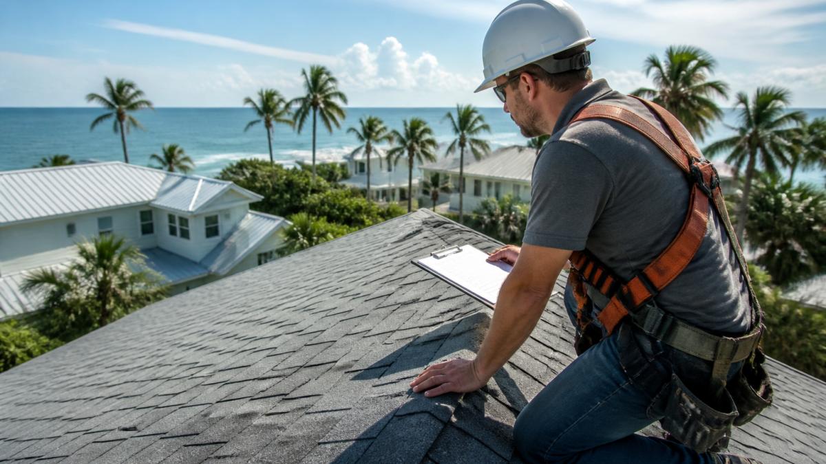 Professional roofing contractor in safety gear and hard hat inspecting a residential roof in bright daylight, with Gulf Coast coastal landscape and palm trees visible in the background